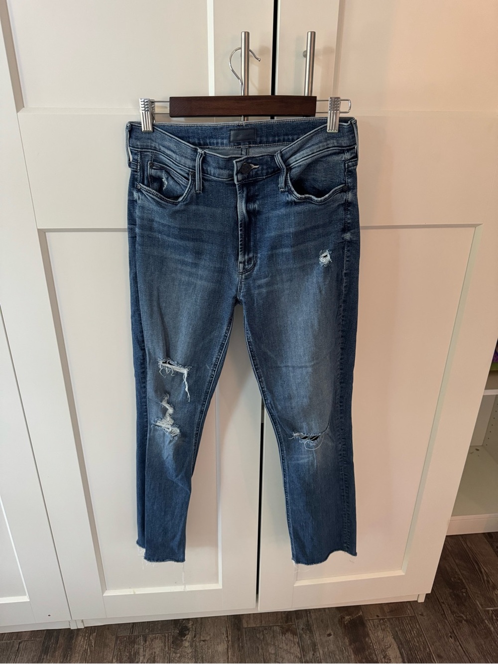 MOTHER Dark Wash Distressed Skinny Jeans - Blue